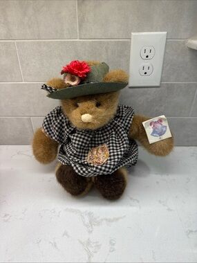 Vintage Gund Plush Brown Bear with Green Hat and Black Gingham Dress Bear Tales